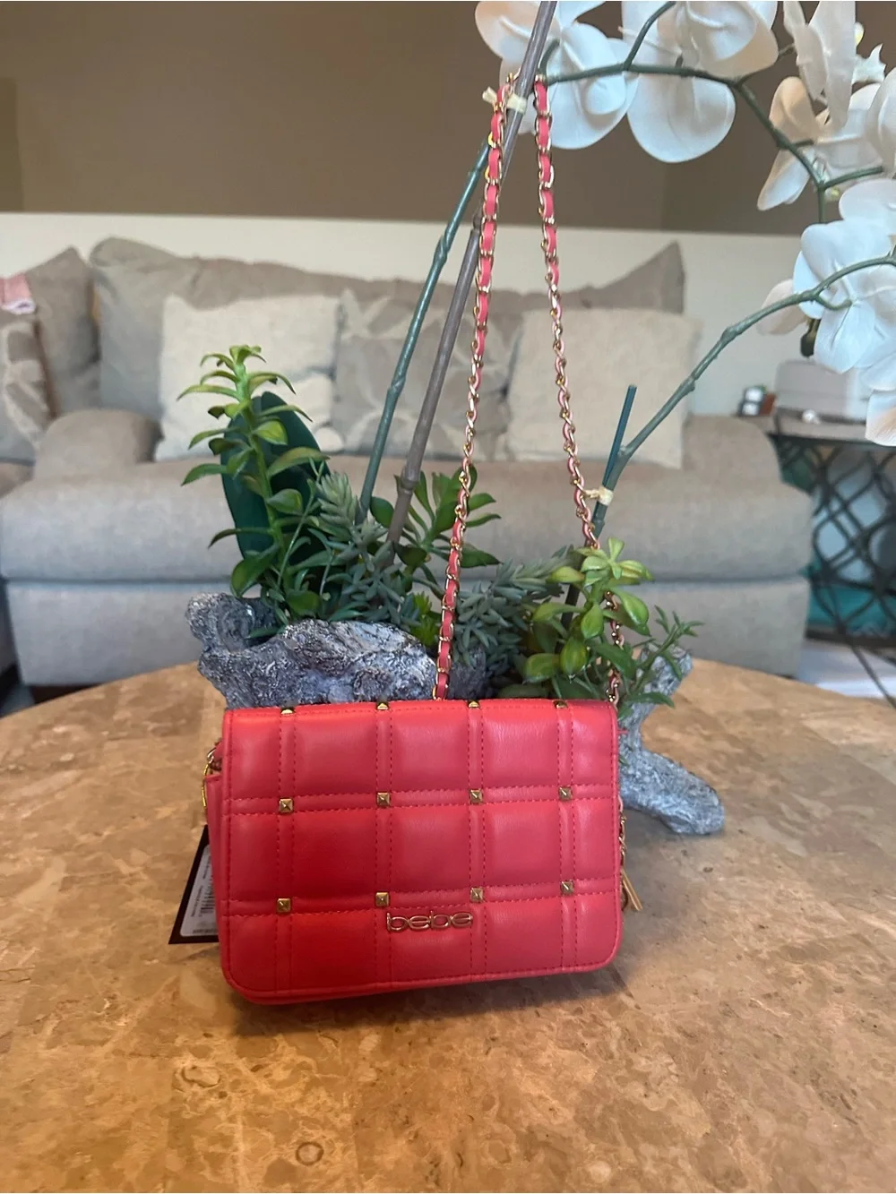 bebe Pink Quilted Chain Strap Crossbody Bag